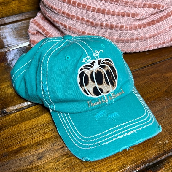 NWT Boutique Thankful & Blessed Turquoise and Leopard Print Hat- OS - Picture 1 of 7